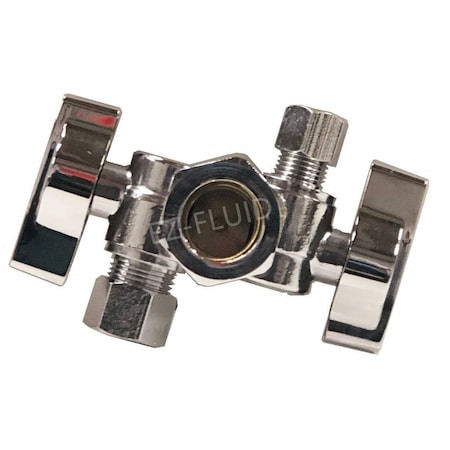 Ez-Fluid 5/8inODX3/8inODX1/4inOD Comp, Dual Handle Dual Outlet 1/4 Turn Angle Stop EZD583814
